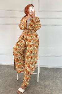 Modalamelif Çiçek Desenli Kuşak Bağlamalı İkili Kimono Takım Oranj