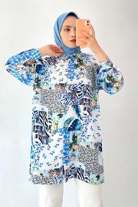 Modalamelif Desenli Önü Düğmeli Gömlek Mavi