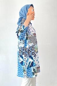 Modalamelif Desenli Önü Düğmeli Gömlek Mavi