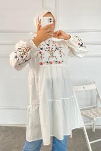Modalamelif Çiçek Nakış Detaylı Model Tunik Ekru