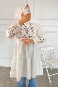 Modalamelif Çiçek Nakış Detaylı Model Tunik Ekru