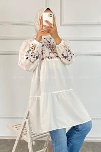 Modalamelif Çiçek Nakış Detaylı Model Tunik Ekru