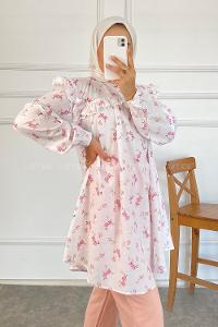 Modalamelif Gül Desenli Fırfırlı Tunik Ekru Pembe