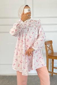 Modalamelif Gül Desenli Fırfırlı Tunik Ekru Pembe