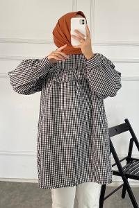 Modalamelif Kareli Büzgülü Tunik Siyah