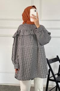 Modalamelif Kareli Büzgülü Tunik Siyah