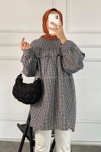 Modalamelif Kareli Büzgülü Tunik Siyah