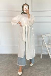 Modalamelif Kısa Kollu Kuşak Bağlamalı Kimono Beyaz