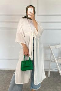 Modalamelif Kısa Kollu Kuşak Bağlamalı Kimono Beyaz