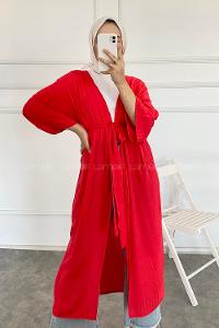 Modalamelif Kısa Kollu Kuşak Bağlamalı Kimono Kırmızı