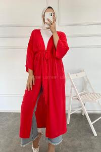 Modalamelif Kısa Kollu Kuşak Bağlamalı Kimono Kırmızı