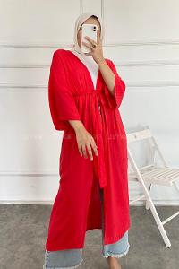 Modalamelif Kısa Kollu Kuşak Bağlamalı Kimono Kırmızı