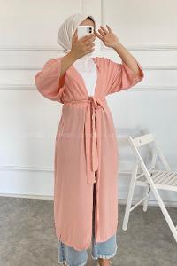 Modalamelif Kısa Kollu Kuşak Bağlamalı Kimono Pembe