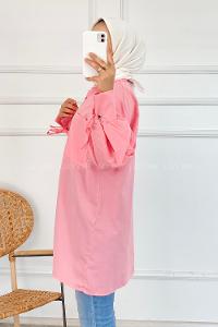 Modalamelif Kuşgözü Bağcıklı Çift Cepli Gömlek Pembe