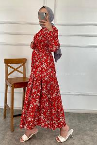 Modalamelif Önü Boydan Düğmeli Çiçek Desenli Elbise Kırmızı
