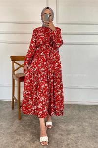 Modalamelif Önü Boydan Düğmeli Çiçek Desenli Elbise Kırmızı