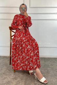 Modalamelif Önü Boydan Düğmeli Çiçek Desenli Elbise Kırmızı