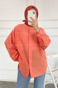 Modalamelif Önü Çift Cepli Düğmeli Gömlek Turuncu