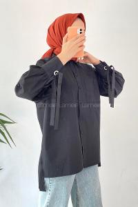Modalamelif Önü Düğmeli Kuş Gözlü Gömlek Siyah