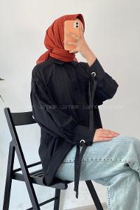 Modalamelif Önü Düğmeli Kuş Gözlü Gömlek Siyah