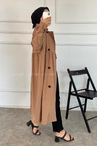 Modalamelif Önü Düğmeli Yandan Cepli Trenç Soft Kahve