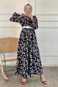 Modalamelif Önü Fırfır Detaylı Beli Kemer Bağlamalı Desenli Elbise Siyah