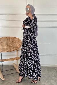 Modalamelif Önü Fırfır Detaylı Beli Kemer Bağlamalı Desenli Elbise Siyah