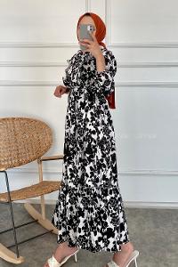 Modalamelif Önü FırFır Detaylı Beli Lastikli Kuşaklı Soyut Model Elbise Siyah