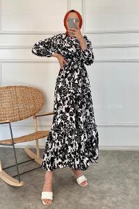 Modalamelif Önü FırFır Detaylı Beli Lastikli Kuşaklı Soyut Model Elbise Siyah