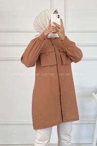 Modalamelif Önü Gizli Düğmeli Kapak Cepli Gömlek Somon