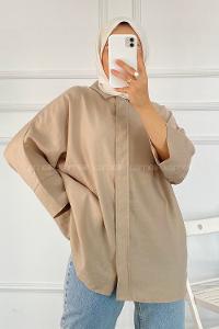 Modalamelif Önü Gizli Düğmeli Yara_sa Kol Gömlek Bej