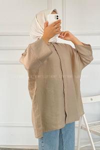 Modalamelif Önü Gizli Düğmeli Yara_sa Kol Gömlek Bej