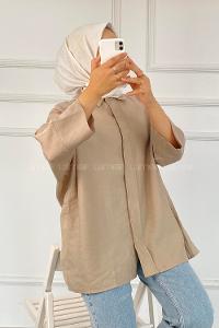 Modalamelif Önü Gizli Düğmeli Yara_sa Kol Gömlek Bej