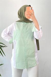 Modalamelif Renk Garnili Çizgi Desen Detaylı Tek Cepli Gömlek Çağla Yeşili