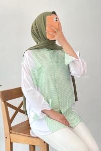 Modalamelif Renk Garnili Çizgi Desen Detaylı Tek Cepli Gömlek Çağla Yeşili