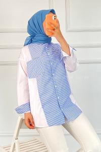 Modalamelif Renk Garnili Çizgi Deseen Detaylı Tek Cepli Gömlek Mavi