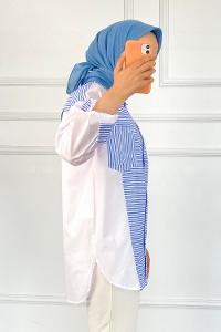 Modalamelif Renk Garnili Çizgi Deseen Detaylı Tek Cepli Gömlek Mavi