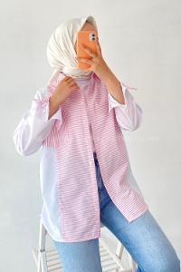 Modalamelif Renk Garnili Çizgi Deseen Detaylı Tek Cepli Gömlek Pembe