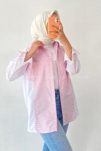 Modalamelif Renk Garnili Çizgi Deseen Detaylı Tek Cepli Gömlek Pembe