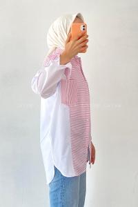 Modalamelif Renk Garnili Çizgi Deseen Detaylı Tek Cepli Gömlek Pembe