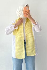 Modalamelif Renk Garnili Çizgi Deseen Detaylı Tek Cepli Gömlek Sarı