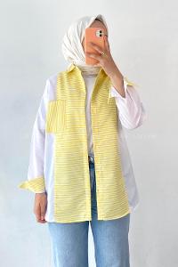 Modalamelif Renk Garnili Çizgi Deseen Detaylı Tek Cepli Gömlek Sarı