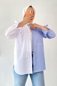 Modalamelif Renk Garnili Çizgi Detaylı Tek Cepli Gömlek Mavi-Beyaz