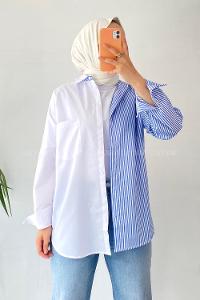 Modalamelif Renk Garnili Çizgi Detaylı Tek Cepli Gömlek Mavi-Beyaz