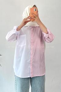 Modalamelif Renk Garnili Çizgi Detaylı Tek Cepli Gömlek Pembe-Beyaz