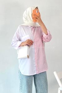 Modalamelif Renk Garnili Çizgi Detaylı Tek Cepli Gömlek Pembe-Beyaz