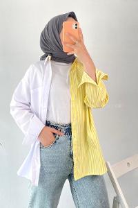 Modalamelif Renk Garnili Çizgi Detaylı Tek Cepli Gömlek Sarı-Beyaz
