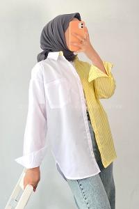 Modalamelif Renk Garnili Çizgi Detaylı Tek Cepli Gömlek Sarı-Beyaz