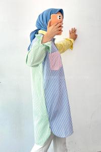 Modalamelif Renk Garnili Çizgi Detaylı Tek Cepli Tunik Gömlek Pembe-Mavi