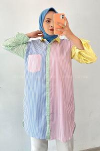Modalamelif Renk Garnili Çizgi Detaylı Tek Cepli Tunik Gömlek Pembe-Mavi